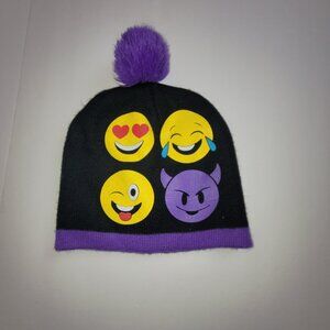 Beanie Hat Emoji Faces Black Purple Knit Kids one Size fits All